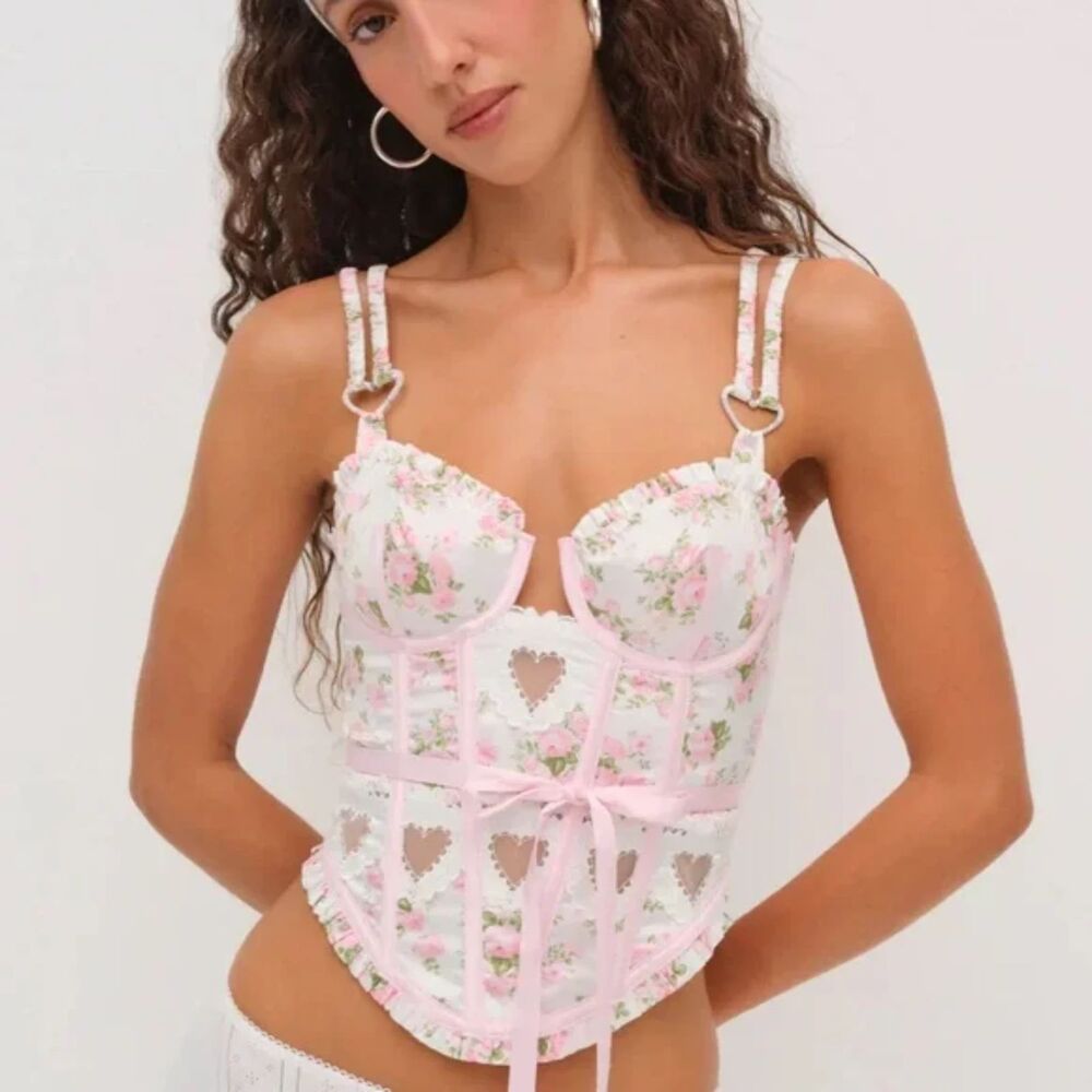 For Love & Lemons Naima Bustier Corset Top – Pink Floral Lace-Up Ribbon Tie